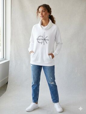 Calvin Klein Jeans White Cowl Neck Monogram Logo Sweatshirt - Large